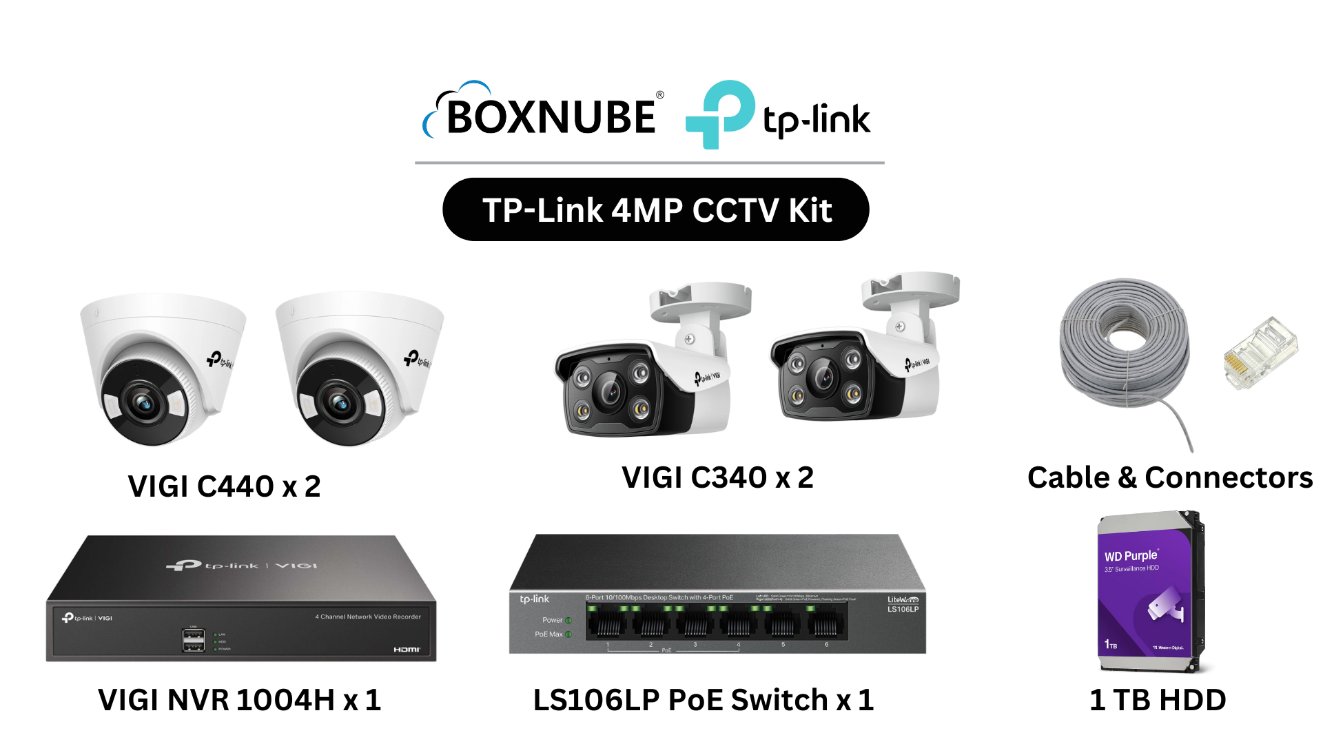 TP-Link VIGI 4MP Full HD 4 Camera Kit Bundle | 2 x VIGI C340 2 x VIGI C440 1 x 4 Channel NVR, 1 x 4 Port PoE Switch, 100M CAT6 Cable & RJ45 Connector TP-Link VIGI 4MP Full HD 4 Camera Kit Bundle | 2 x VIGI C340 2 x VIGI C440 1 x 4 Channel NVR, 1 x 4 Port PoE Switch, 100M CAT6 Cable & RJ45 Connector